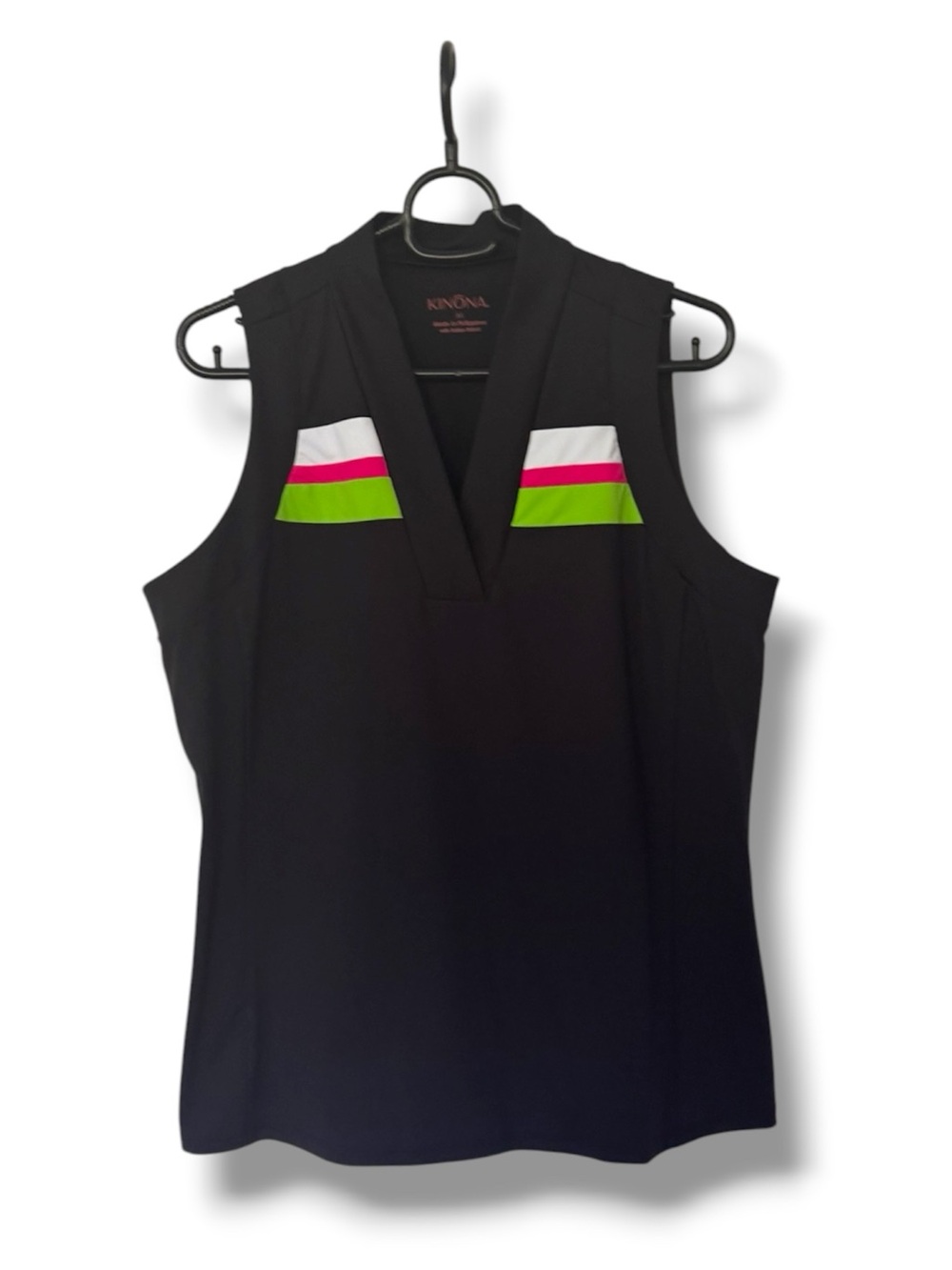 Kinona Black Sleeveless V-Neck Golf Activewear Tank  White, Pink & Lime Stripes